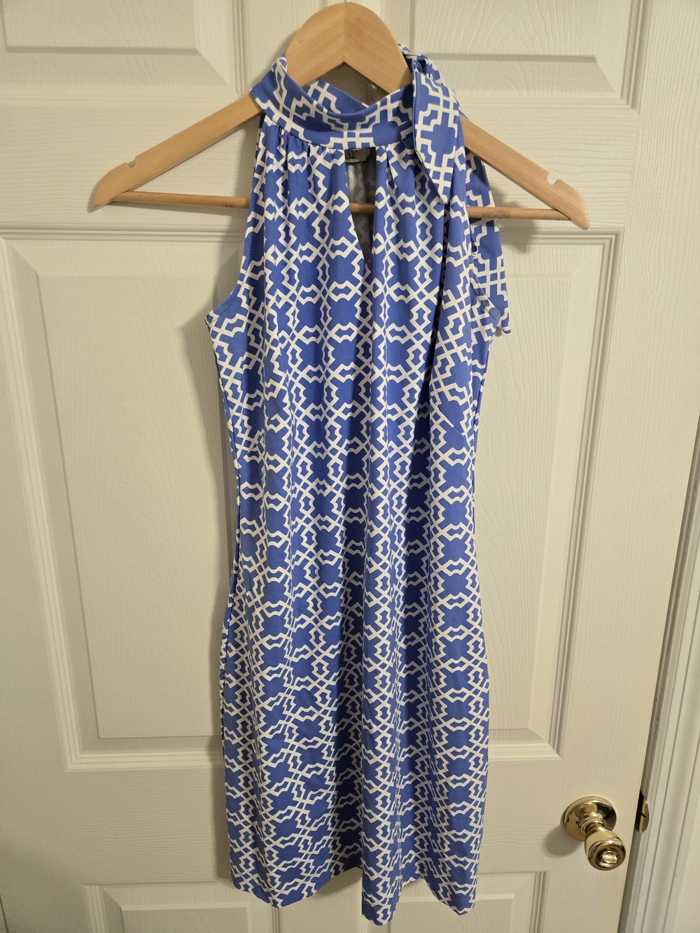 Katherine Way Blue and White Halter Neck Geometric Print Bodycon Dress Size XS